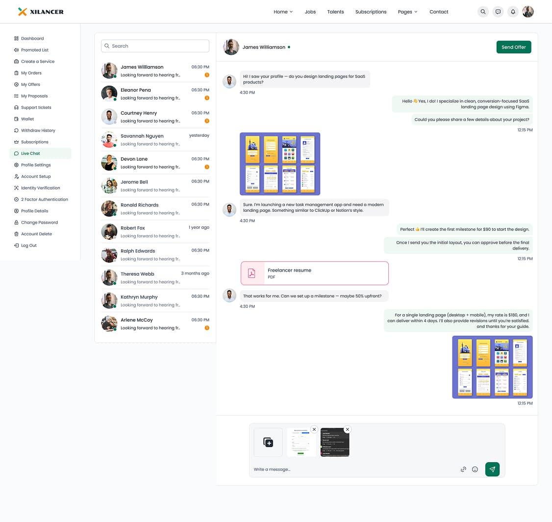 Xilancer live chat system — real-time messaging between freelancers and clients